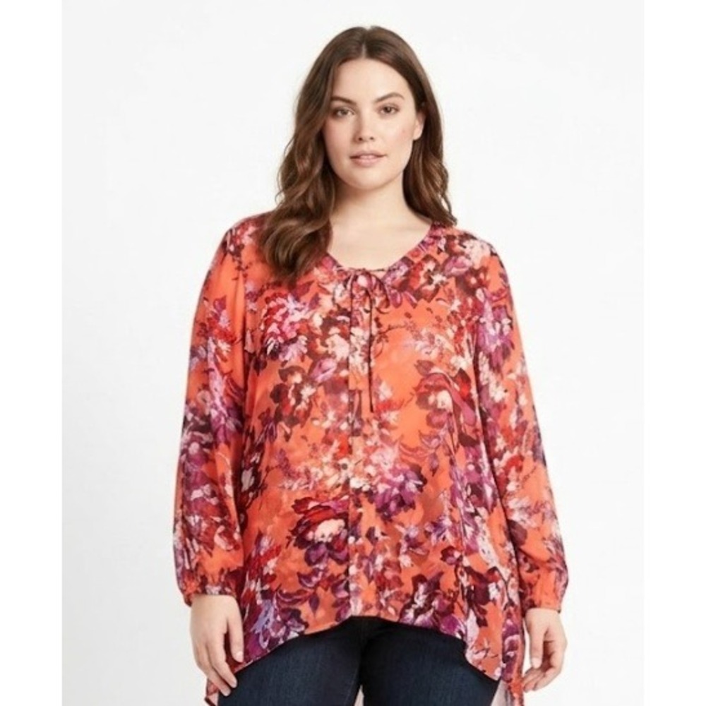 Lucky Brand size 2X Red Purple Floral Ultra Soft Feminine Long Sleeve Blouse